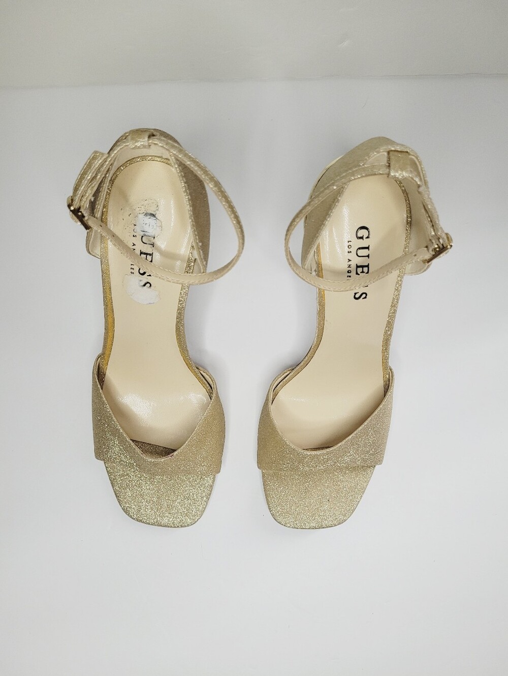 Guess Los Angeles Heels Gold Glitter Women's  Size 8.5 M Open Toes Ankle Straps - Picture 3 of 10